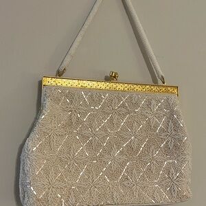 American Vintage Cream Beaded Clutch with Gold Frame